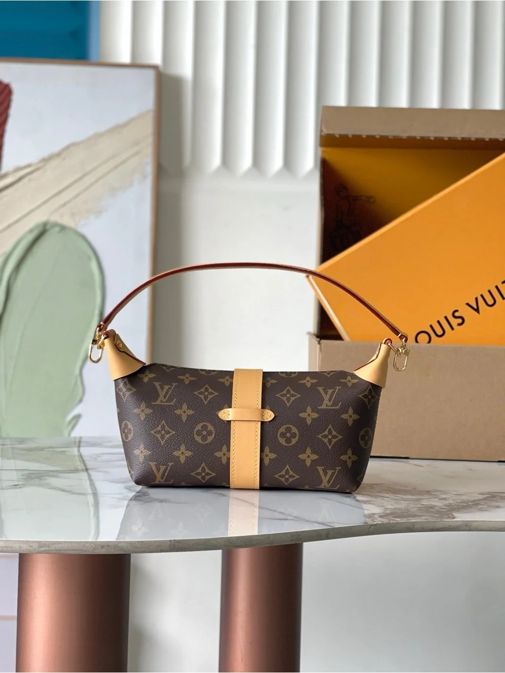 Monogram Canvas Shoulder Bag with Tan Trim and Gold Hardware